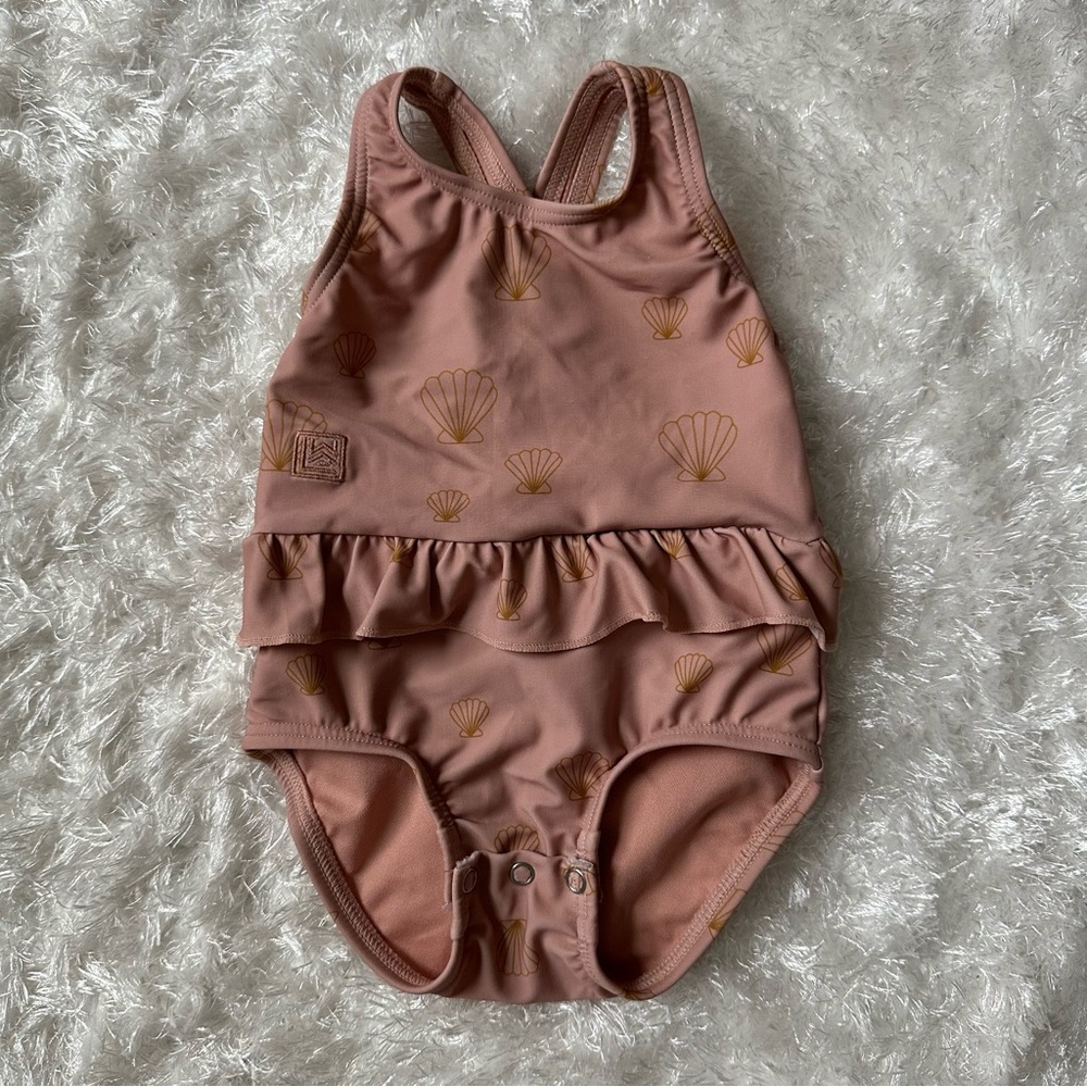 Kids One-Piece Swim Suit in Dusty Rose with Shell Print
